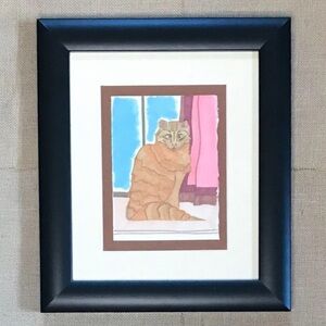 Orange Tabby Cat In Window Drawing Art Framed Whimsical Kitty Lover Hobbyist